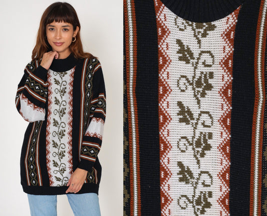 80s Clifton Place Knit Sweater Vine Striped Pullover Black Extra Large