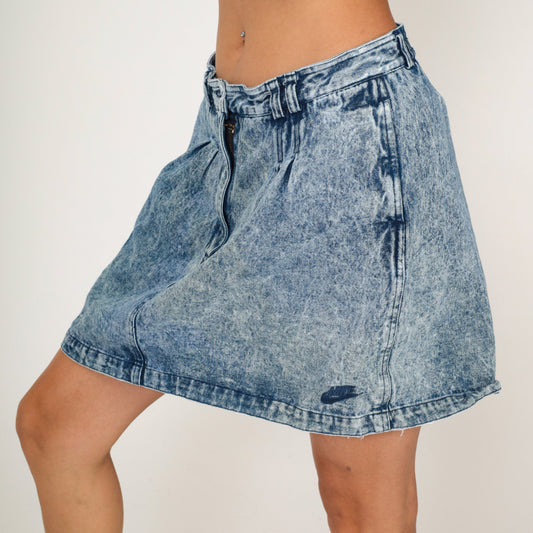 90s Nike Challenge Court Acid Wash Denim Mini Skirt High Waisted Blue Large L