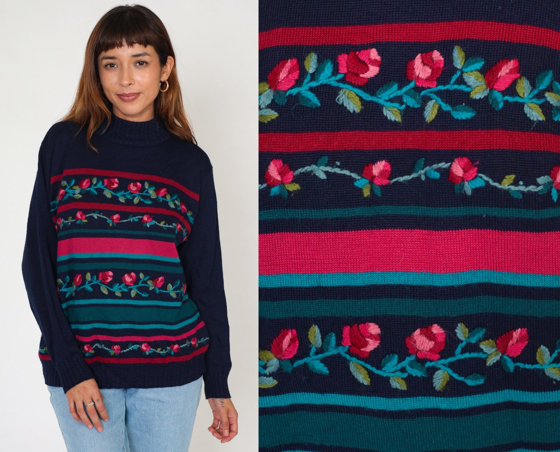 80s Alfred Dunner Navy Floral Embroidered Mockneck Sweater Wool Blend Large L