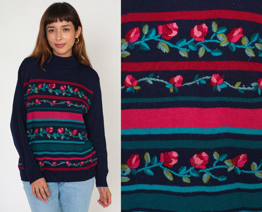 80s Alfred Dunner Navy Floral Embroidered Mockneck Sweater Wool Blend Large L