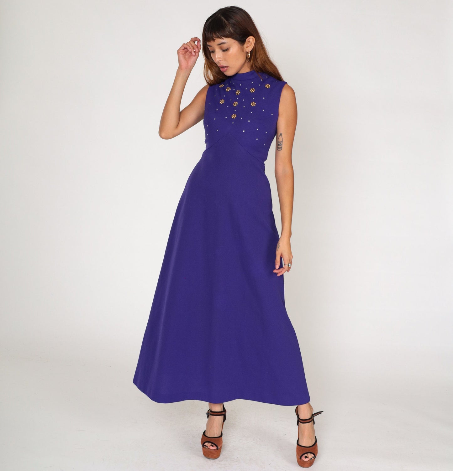 70s Purple Rhinestone Maxi Dress Empire Waist Mock Neck Sleeveless Small