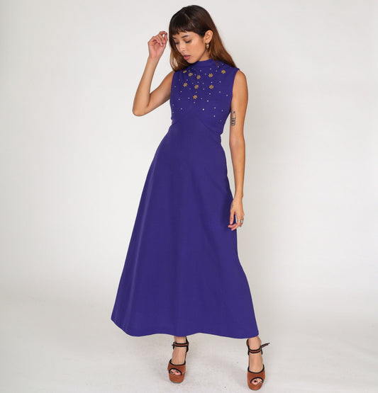 70s Purple Rhinestone Maxi Dress Empire Waist Mock Neck Sleeveless Small