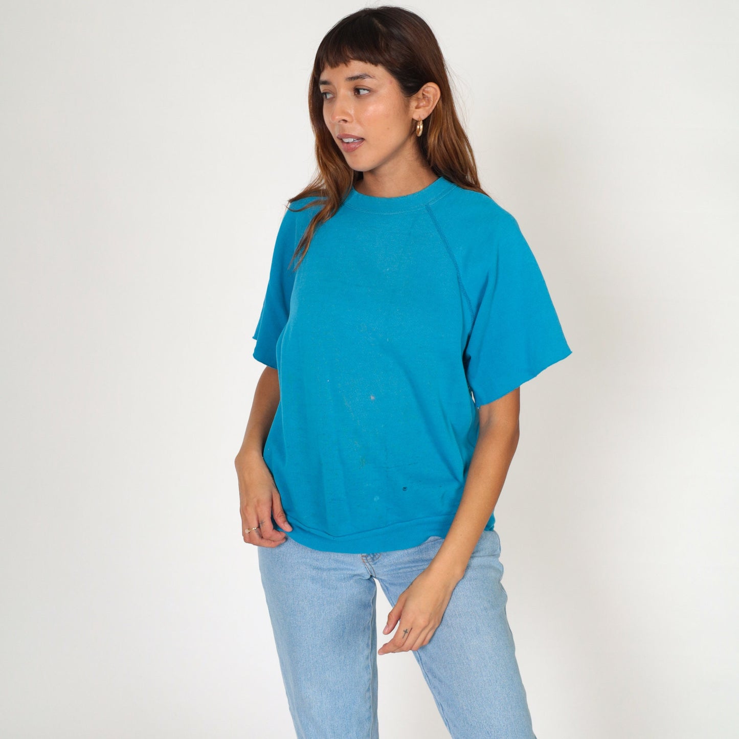 80s Blue Short Sleeve Sweatshirt Raglan Distressed Pullover Large