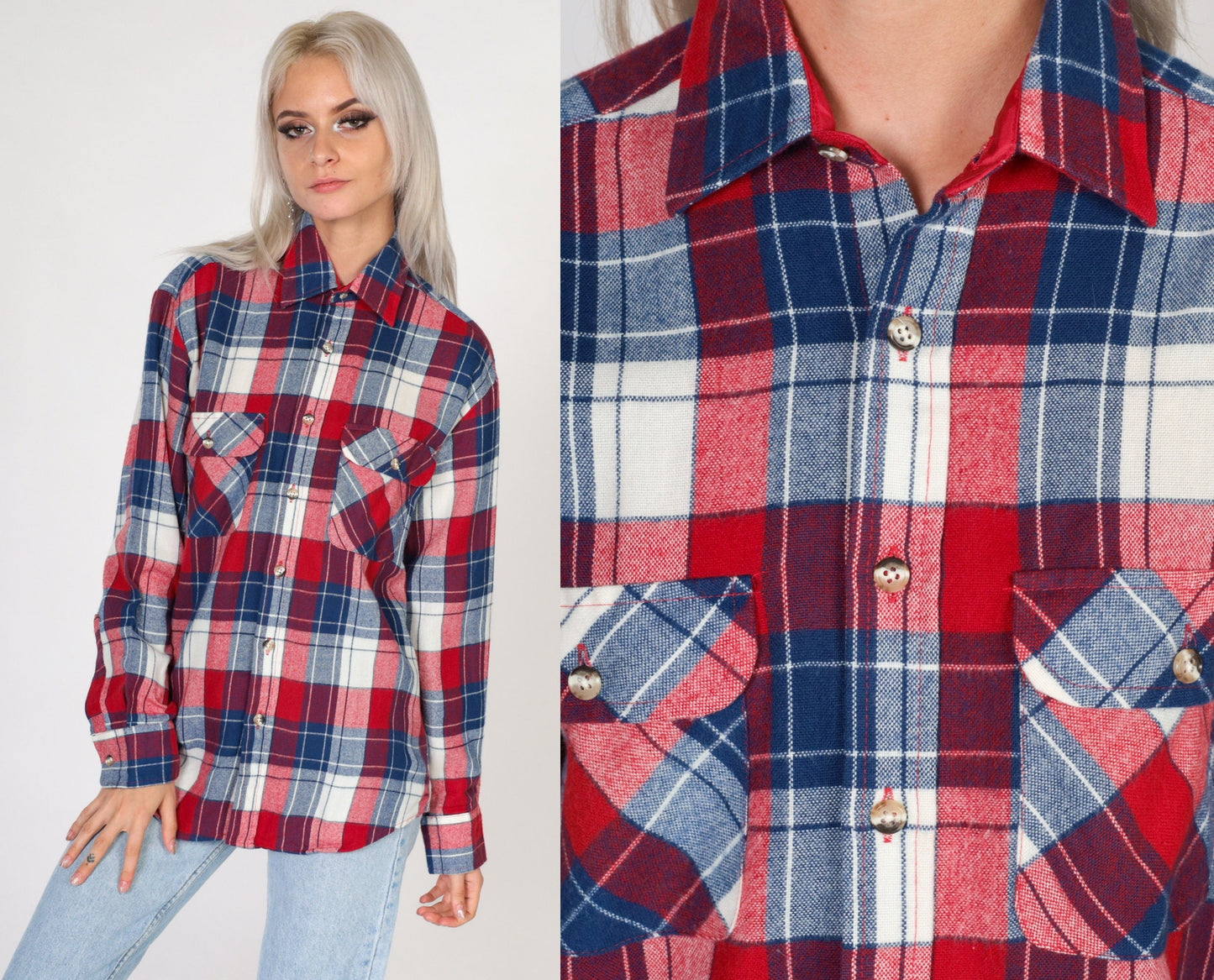 80s High Sierra Plaid Button-Up Shirt Red White Blue Flannel Small
