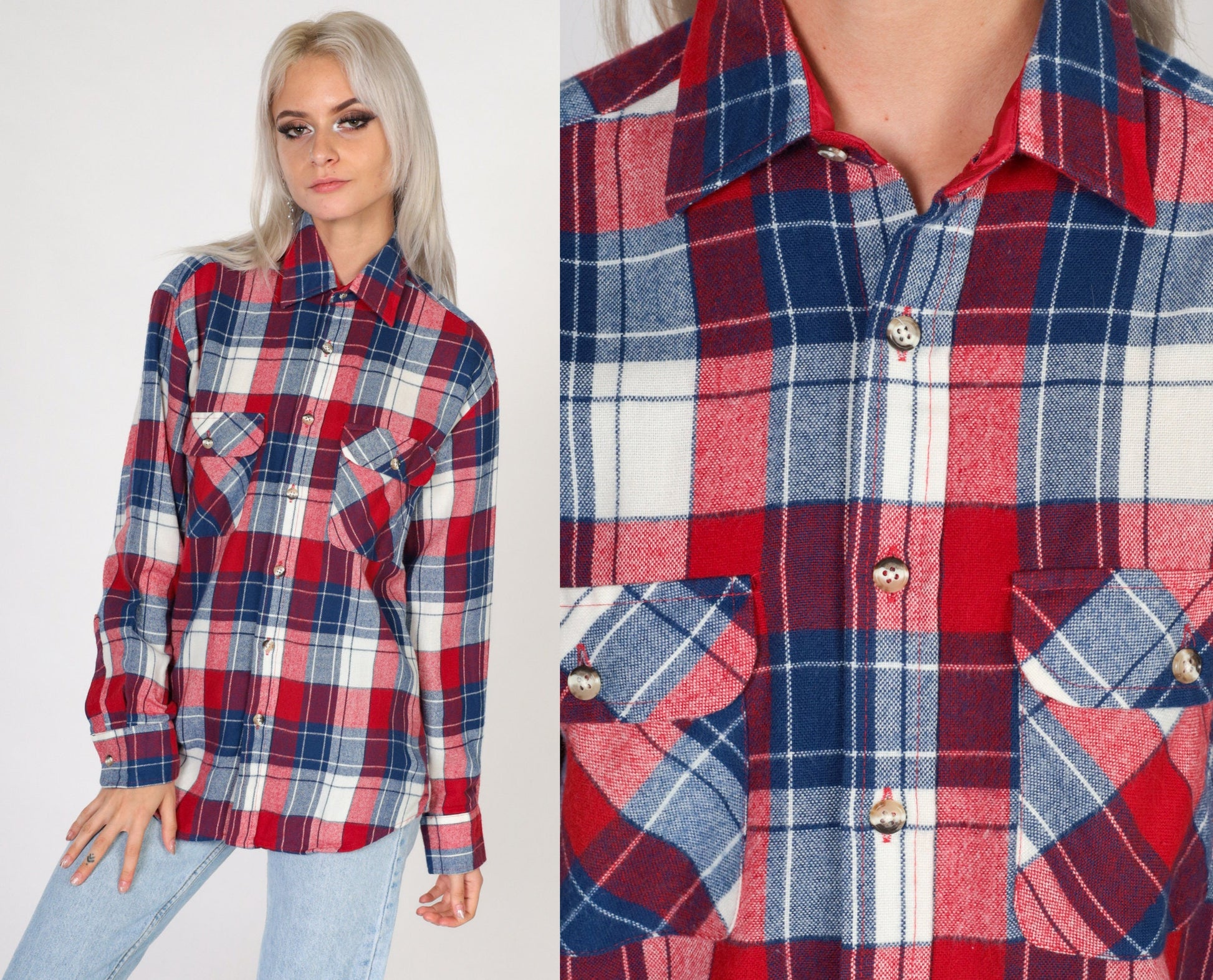 80s High Sierra Plaid Button-Up Shirt Red White Blue Flannel Small