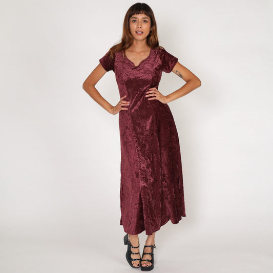 90s Maroon Velvet Maxi Dress Short Sleeve Strappy Back Small S