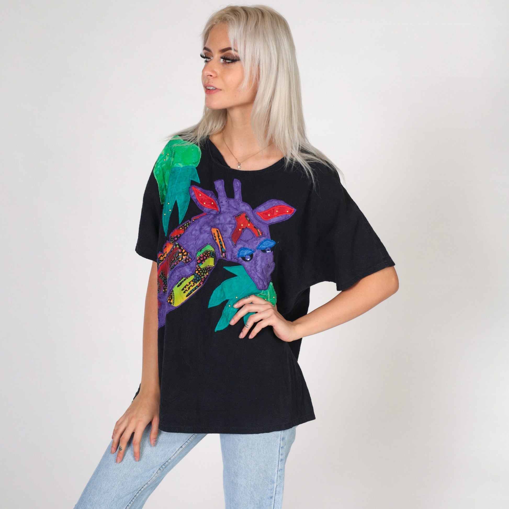 90s Alfredo's Wife Giraffe Rhinestone Beaded Blouse Cotton Short Sleeve Large L