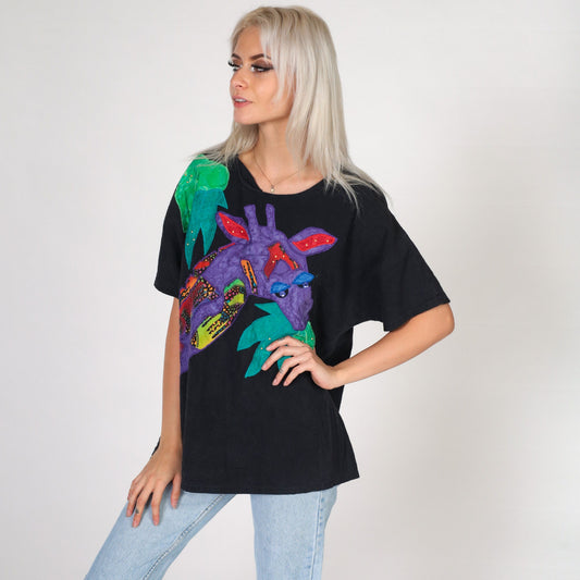90s Alfredo's Wife Giraffe Rhinestone Beaded Blouse Cotton Short Sleeve Large L