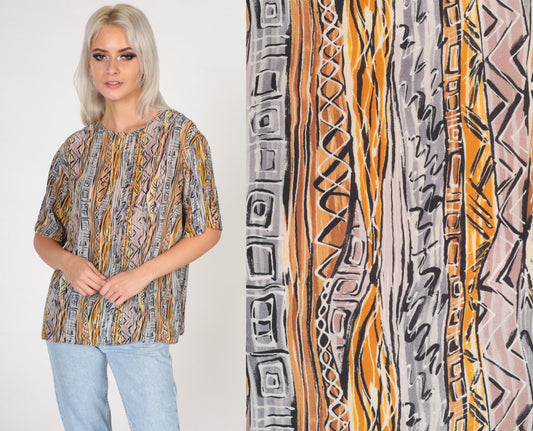 90s Silk Shirt Abstract Geometric Print Short Sleeve Blouse Medium