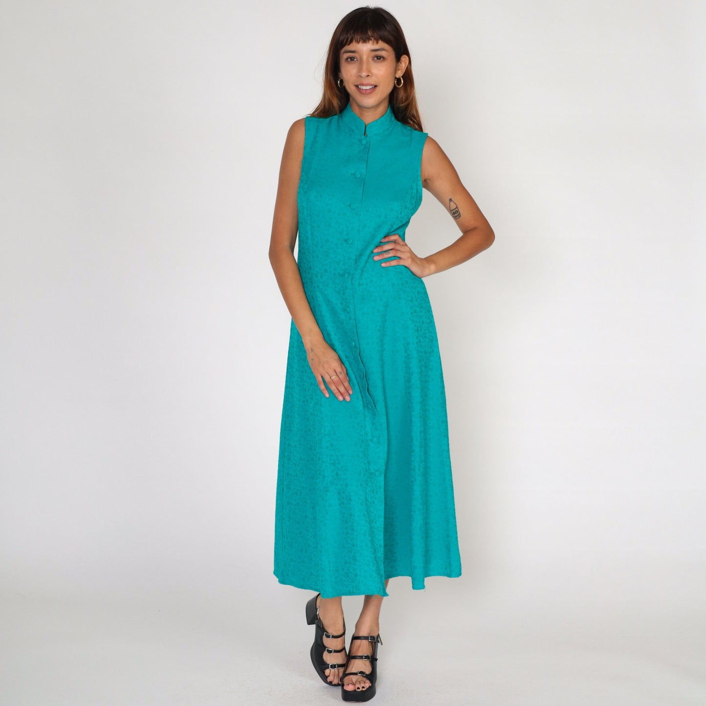 90s Coldwater Creek Teal Floral Embossed Maxi Dress Sleeveless Button-Up Small