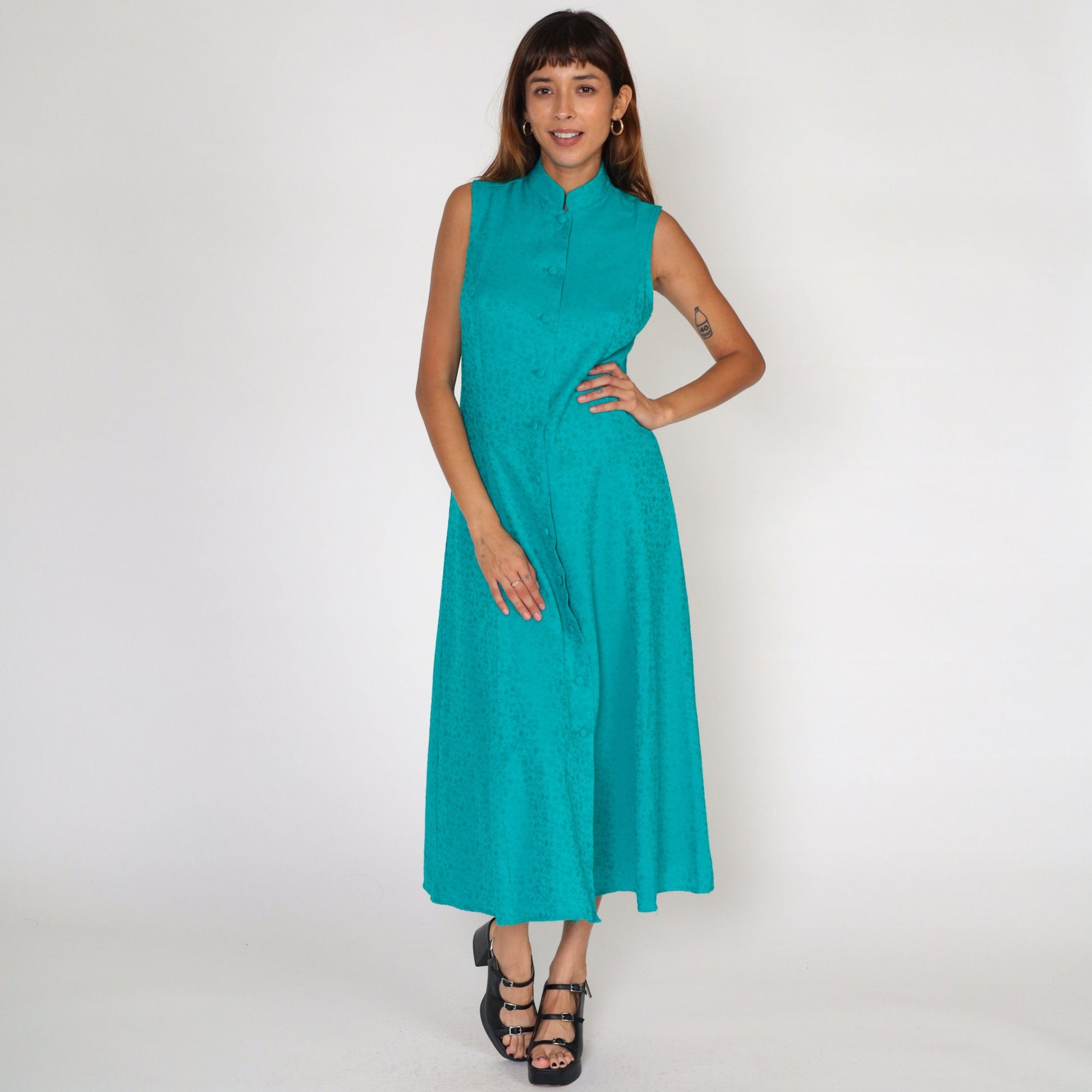 90s Coldwater Creek Teal Floral Embossed Maxi Dress Sleeveless Button-Up Small