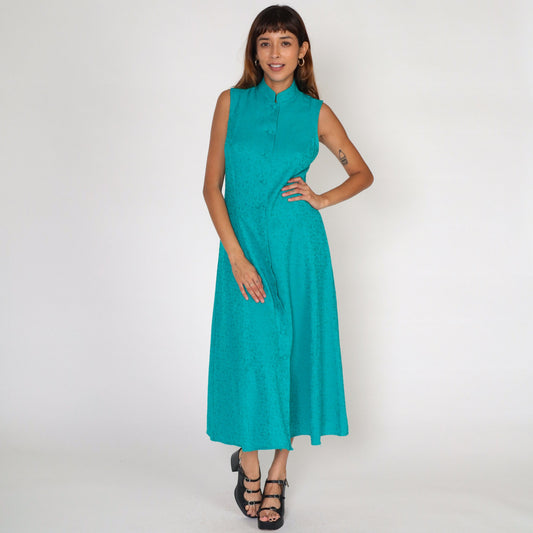 90s Coldwater Creek Teal Floral Embossed Maxi Dress Sleeveless Button-Up Small