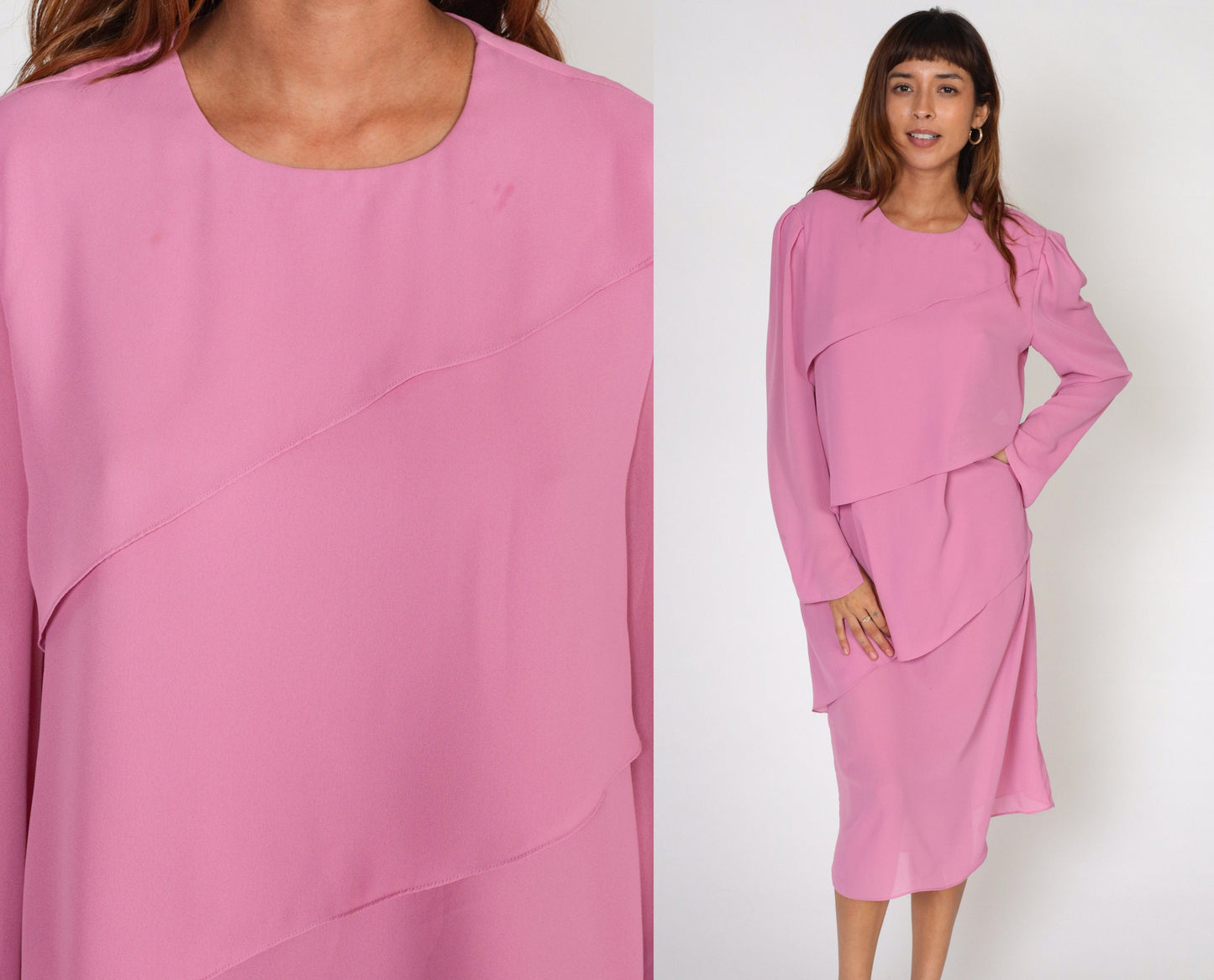 70s Pink Midi Dress Puff Sleeve Bias Cut Layered Draped Medium Large