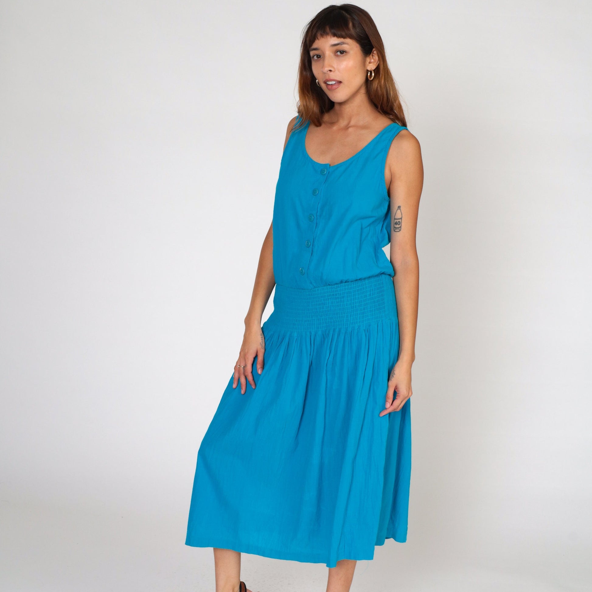 80s Blue Midi Sundress Sleeveless Button-Up Smocked Waist Medium M