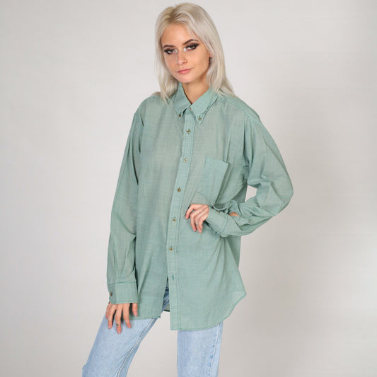 80s Steeple Chase Green White Gingham Button-Up Shirt Large