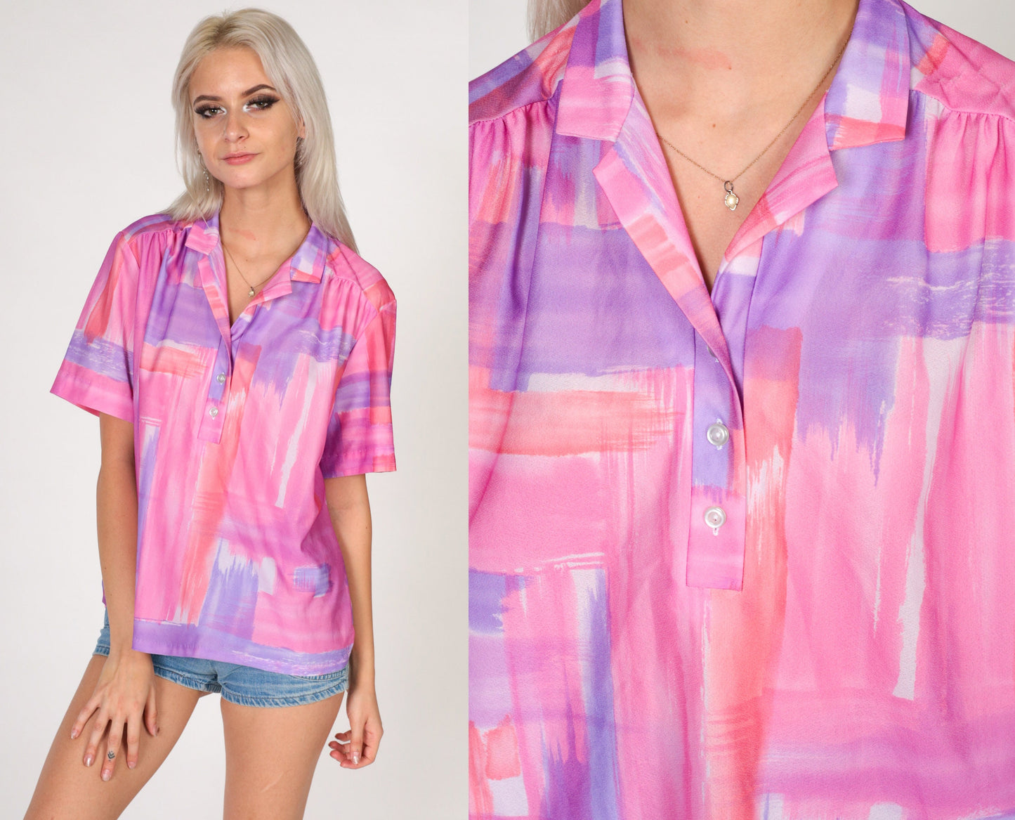 70s Brushstroke Print Collared Blouse Pink Purple Half Button V Neck Extra Large
