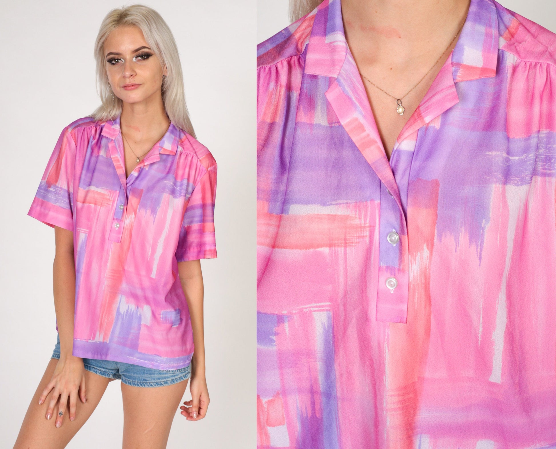 70s Brushstroke Print Collared Blouse Pink Purple Half Button V Neck Extra Large