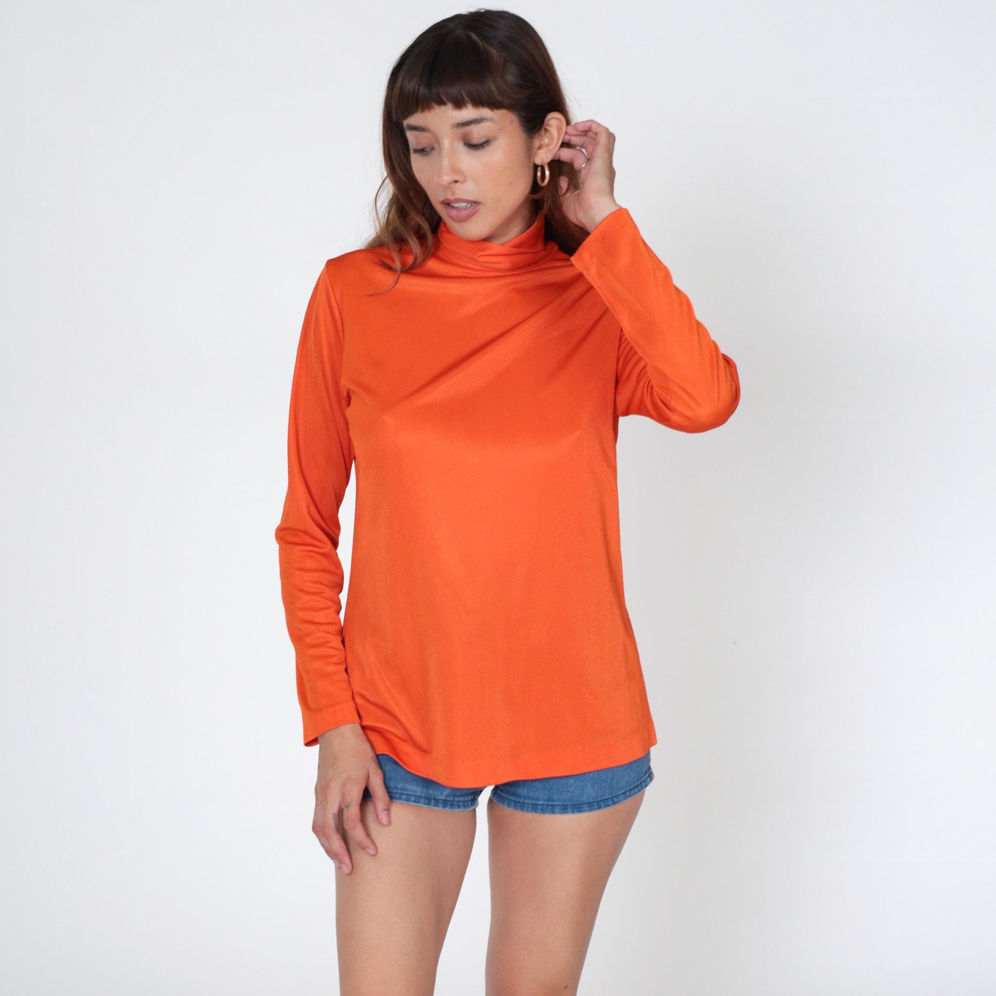 70s Orange Turtleneck Long Sleeve Blouse Rear Zipper Medium M