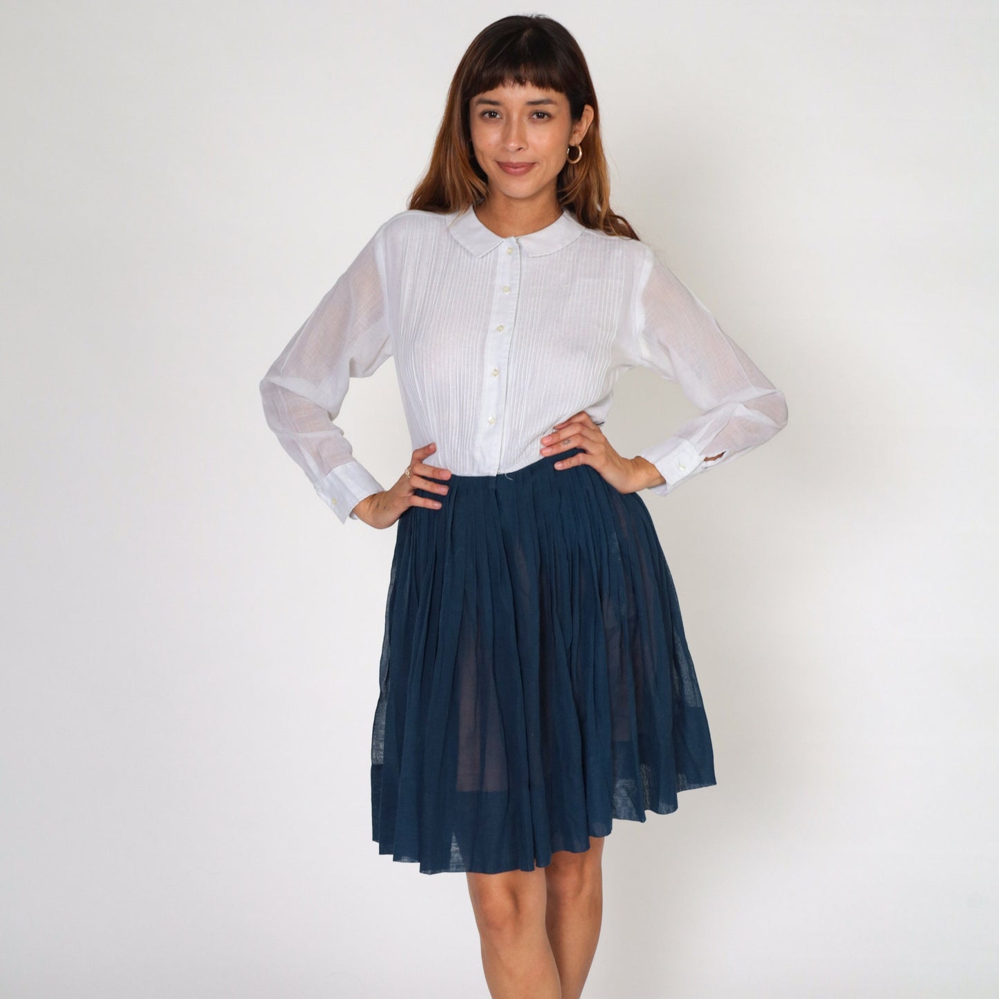 60s White Navy Shirtwaist Mini Dress Pointed Collar Long Sleeve Small