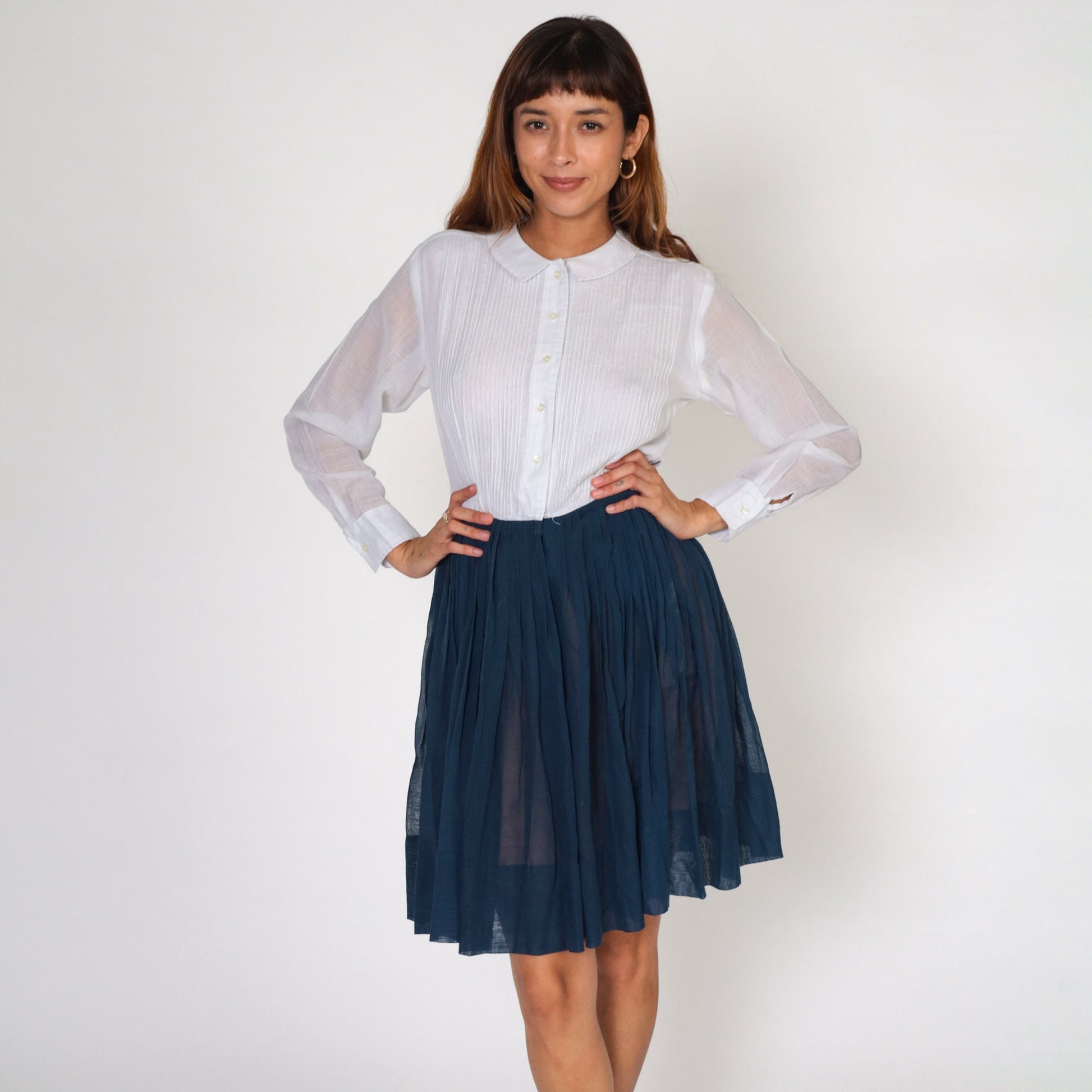60s White Navy Shirtwaist Mini Dress Pointed Collar Long Sleeve Small