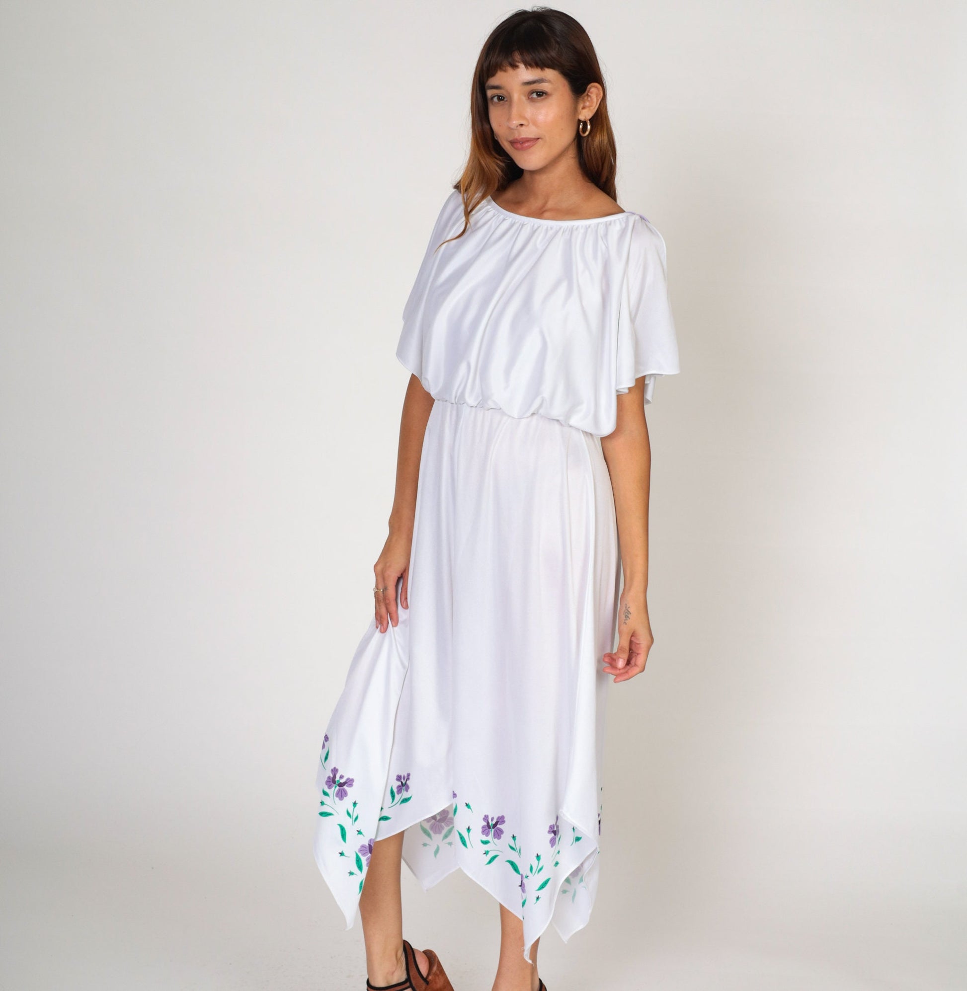 70s White Grecian Midi Dress Painted Floral Hanky Hem Flutter Sleeve Small