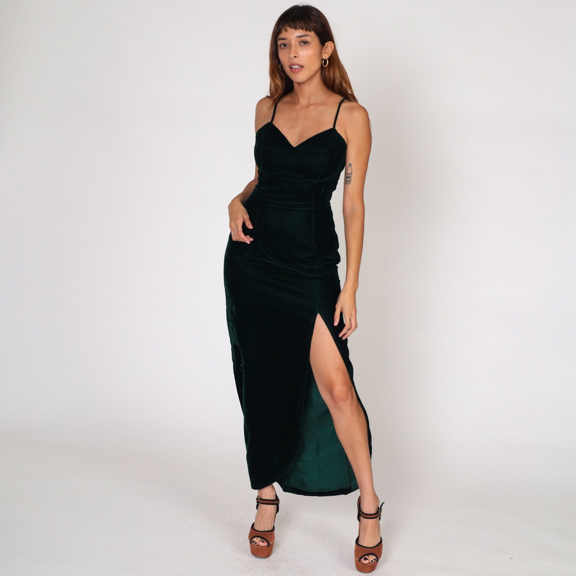 90s Dark Green Velvet Maxi Dress Sweetheart Neckline High Slit Sleeveless Small