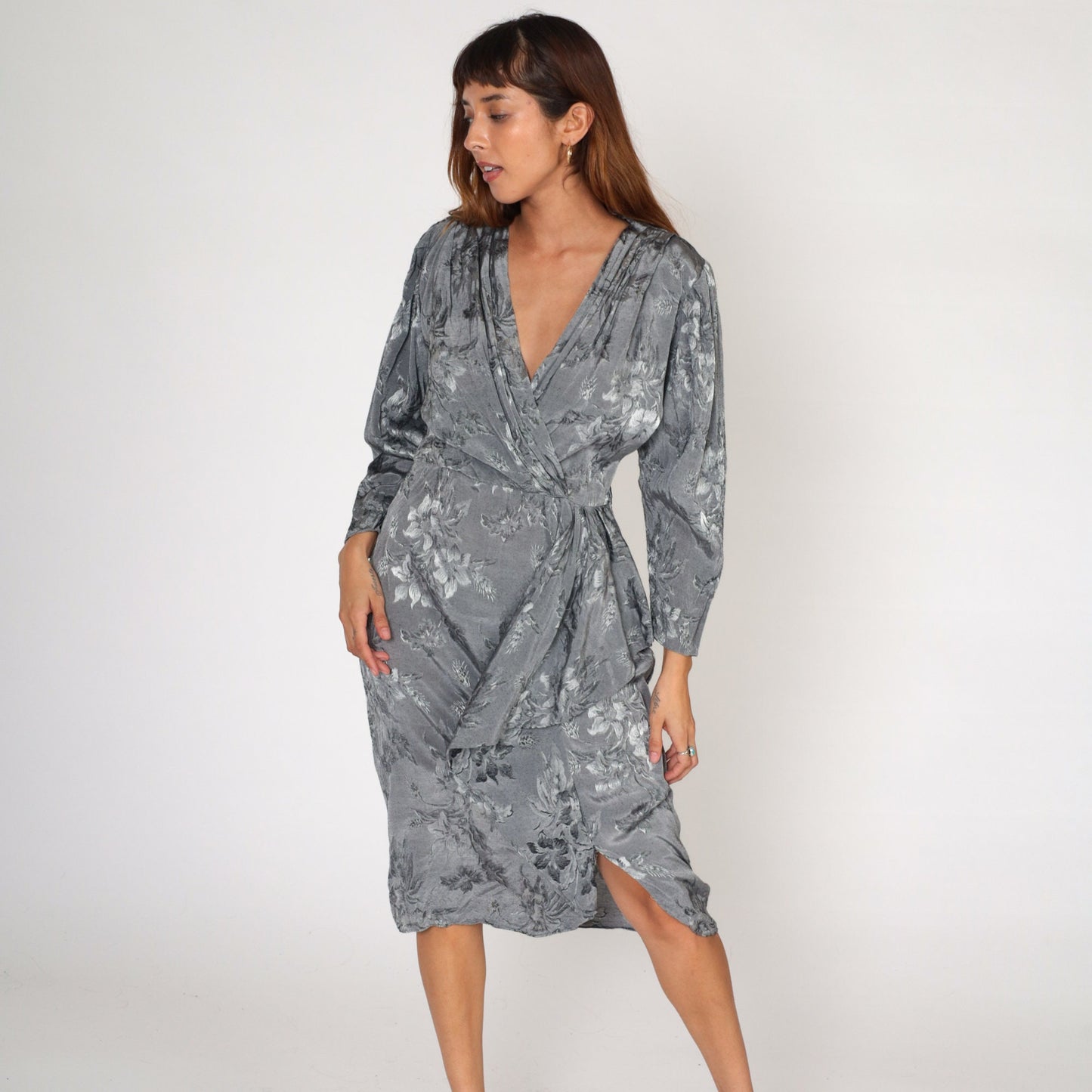 90s April Rain Floral Wrap Dress Grey Embossed Midi Deep V Neck Medium