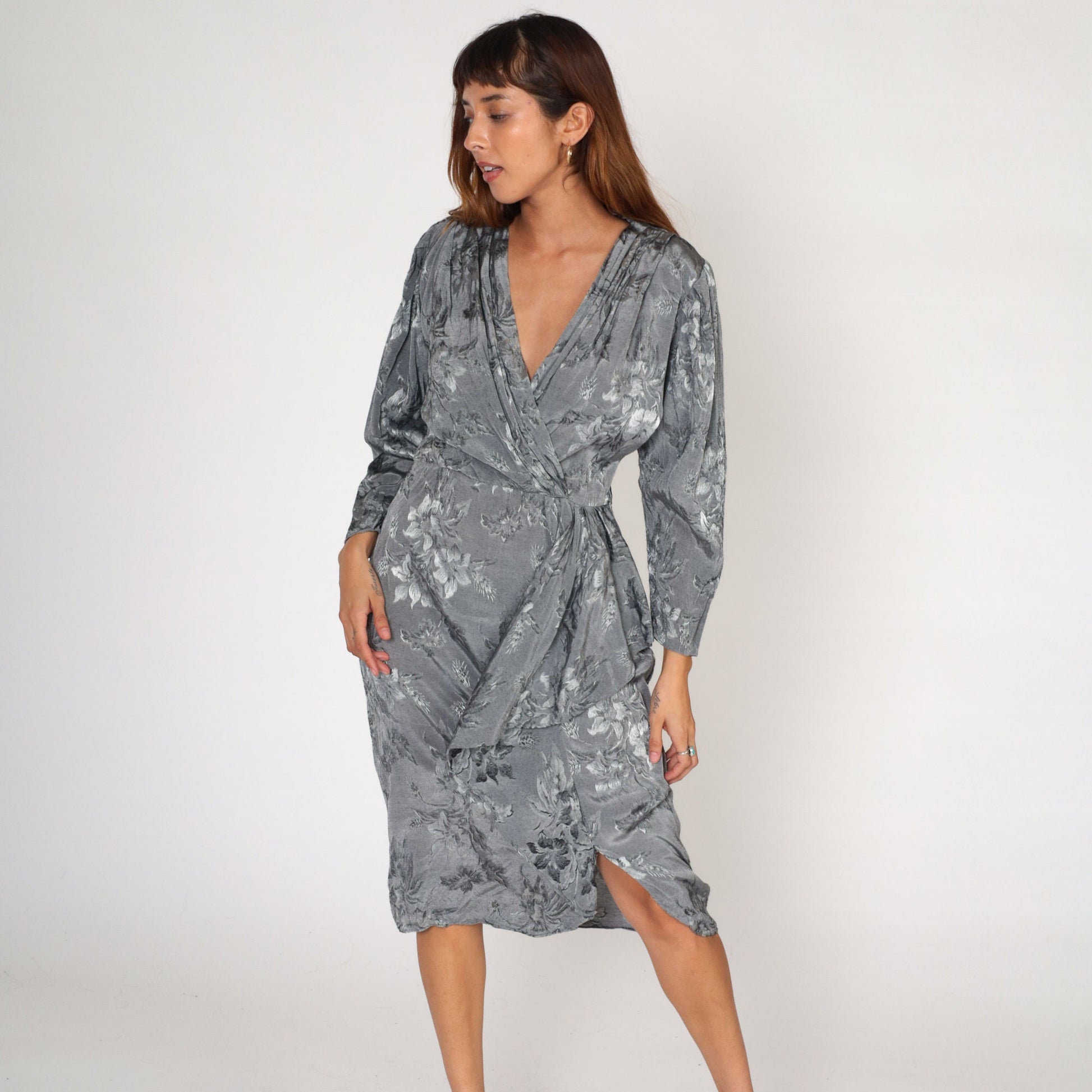 90s April Rain Floral Wrap Dress Grey Embossed Midi Deep V Neck Medium