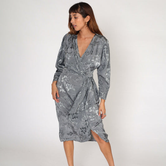 90s April Rain Floral Wrap Dress Grey Embossed Midi Deep V Neck Medium