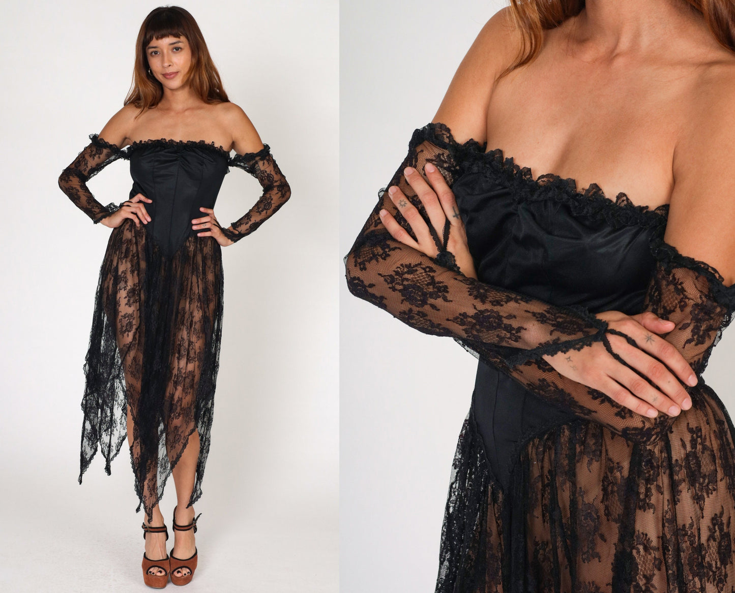 80s Black Lace Midi Dress Off-Shoulder Basque Waist Hanky Hem Small