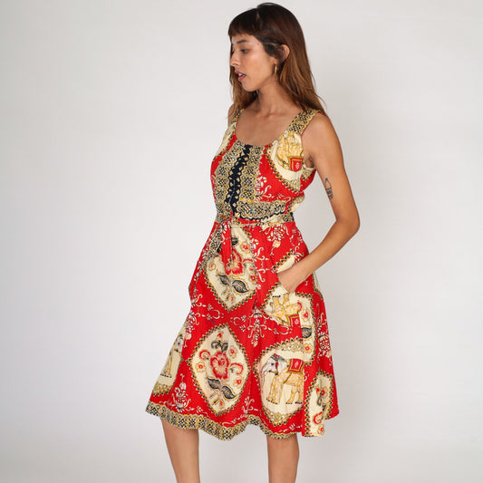 Y2K Red Batik Floral Elephant Midi Wrap Dress Cotton Sleeveless Pockets Medium Large