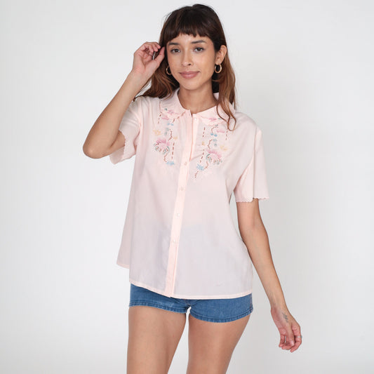 80s Baby Pink Embroidered Floral Blouse Peter Pan Collar Cutout Small