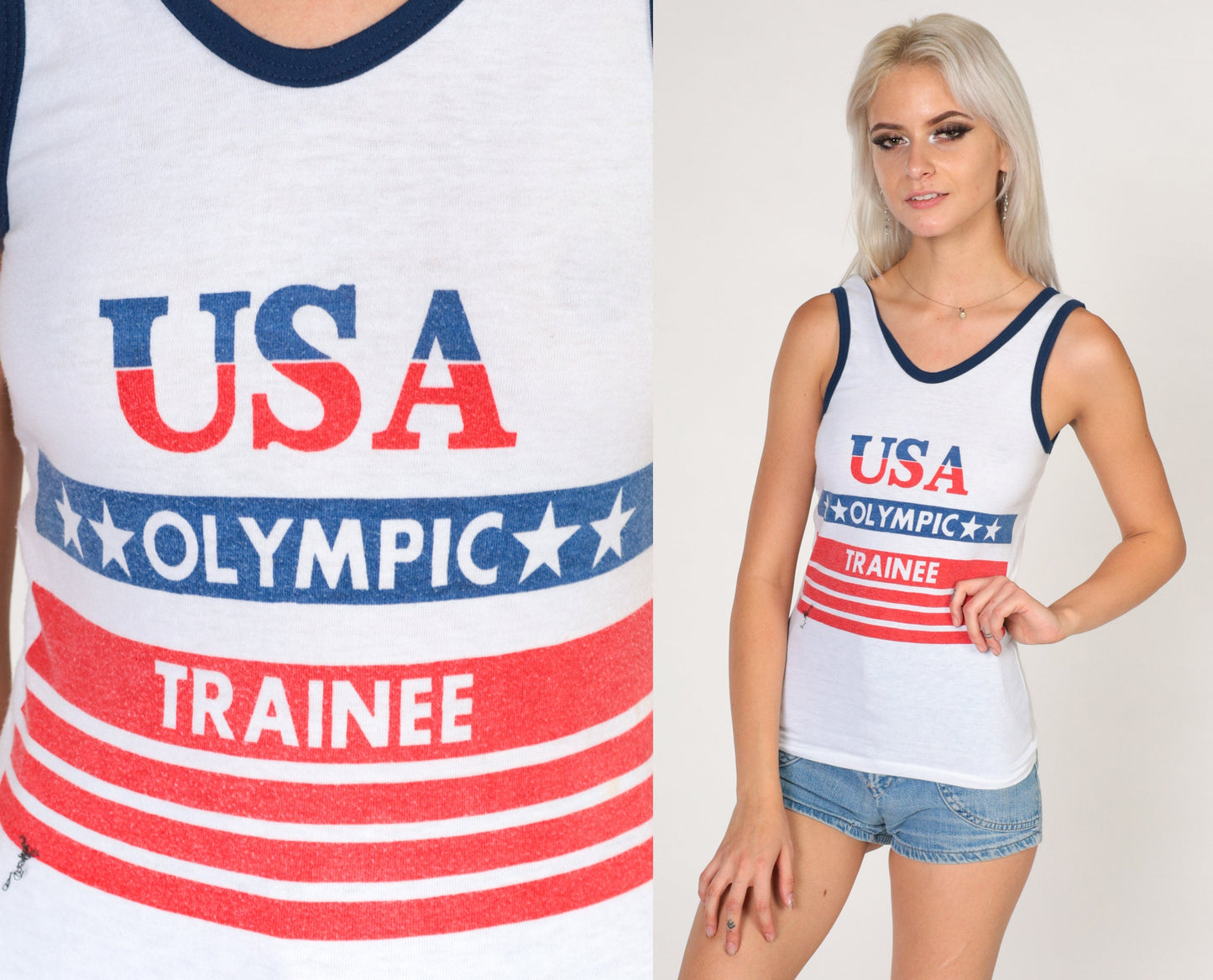 80s USA American Flag Ringer Tank Top White Graphic Single Stitch Extra Small