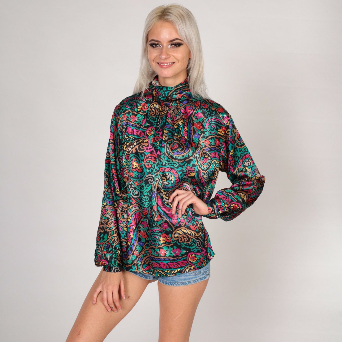 80s Paisley Floral Blouse Black Satin Mock Neck Long Sleeve Small S