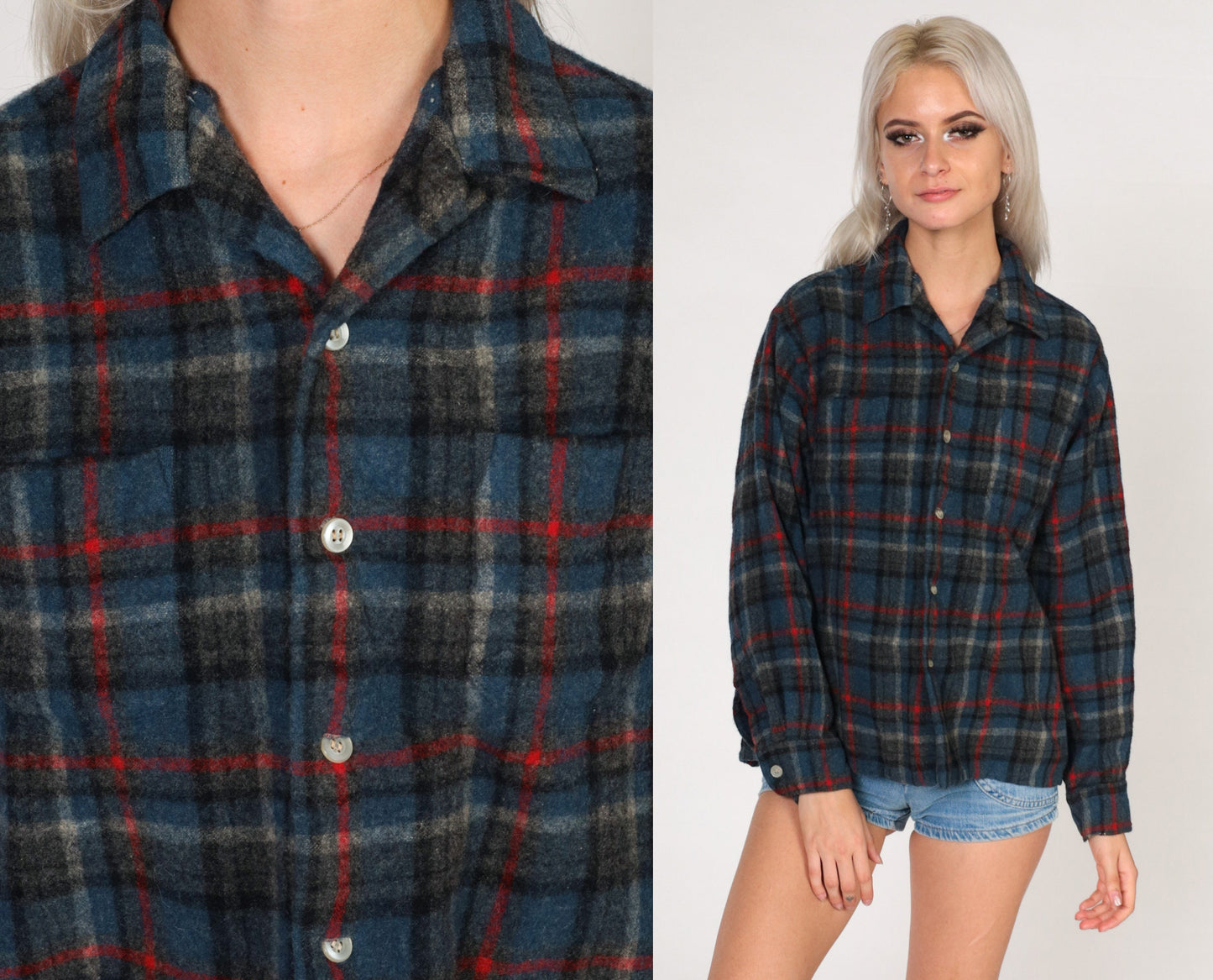70s Brent Wool Blend Plaid Button-Up Shirt Grey Blue Large
