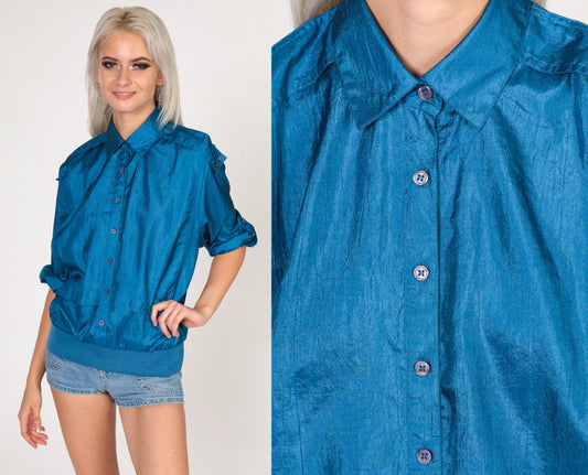 80s Shiny Blue Button-Up Blouse Epaulette Shoulder Large L