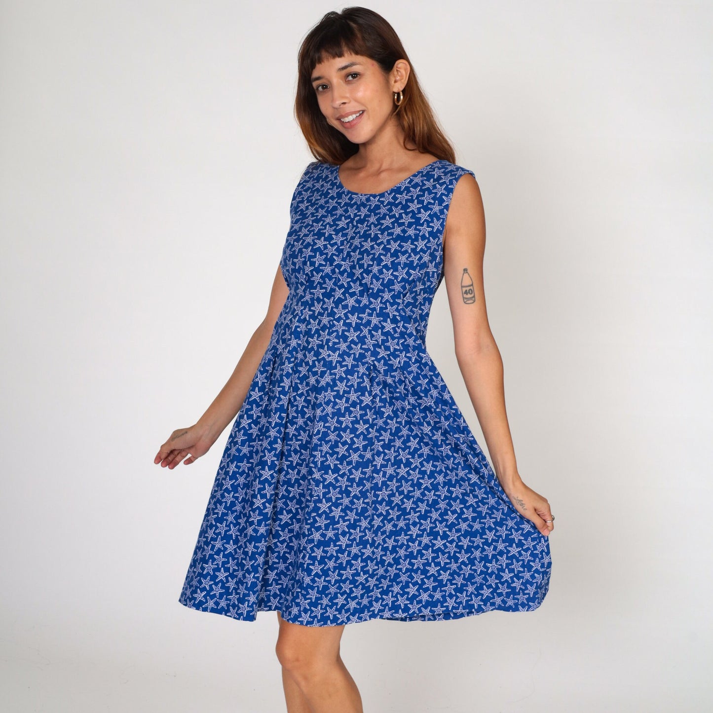 80s Starfish Print Sundress Blue Sleeveless Fit Flare Medium