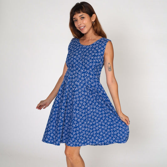80s Starfish Print Sundress Blue Sleeveless Fit Flare Medium