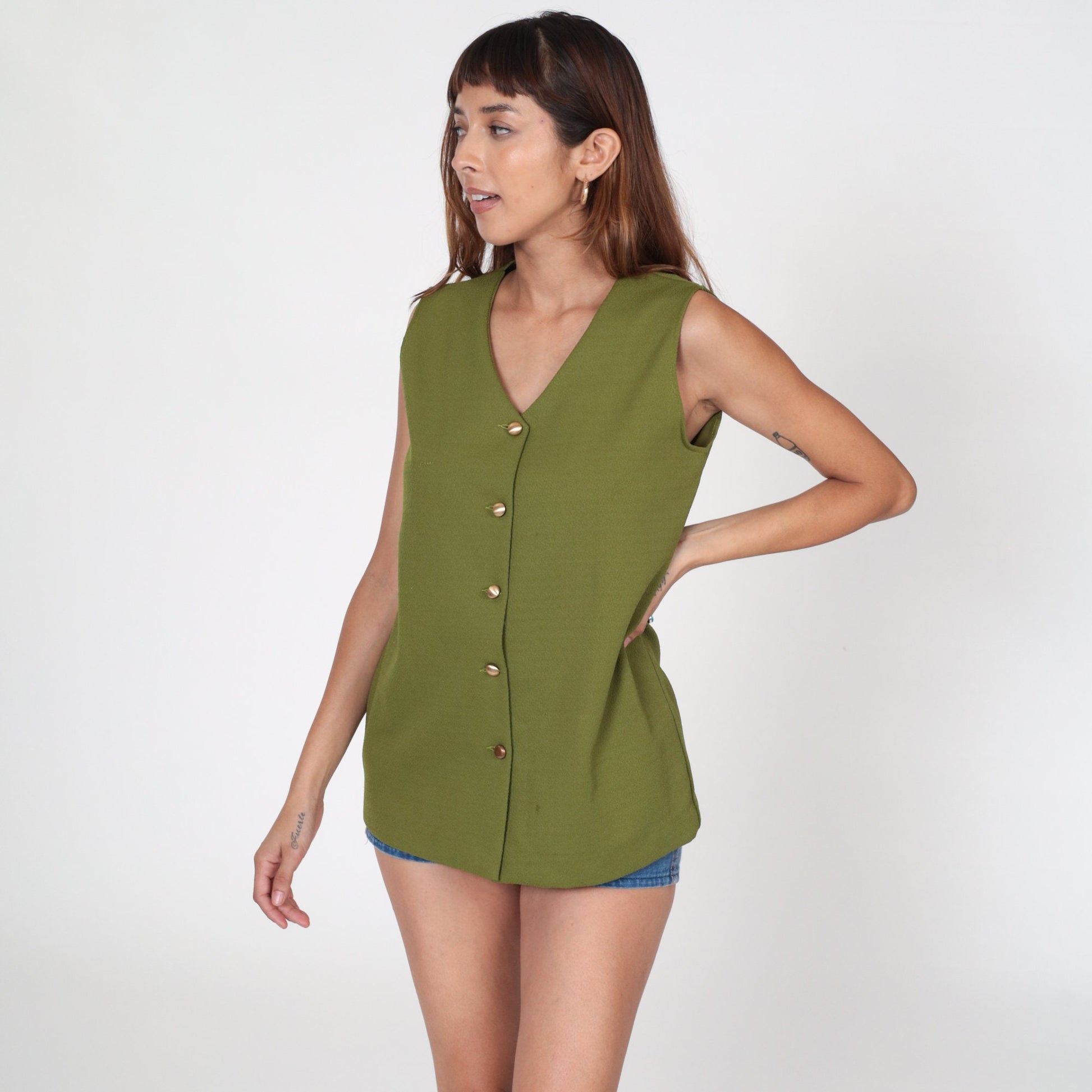 70s Olive Green Tank Top V Neck Button Up Sleeveless Blouse Small Medium