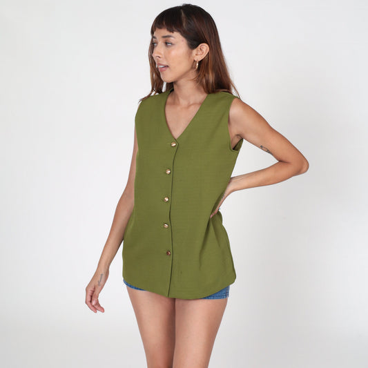70s Olive Green Tank Top V Neck Button Up Sleeveless Blouse Small Medium