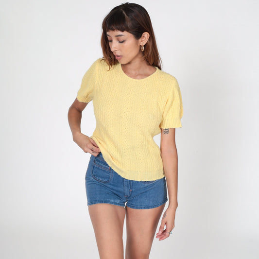 80s Light Yellow Knit Short Sleeve Top Small S