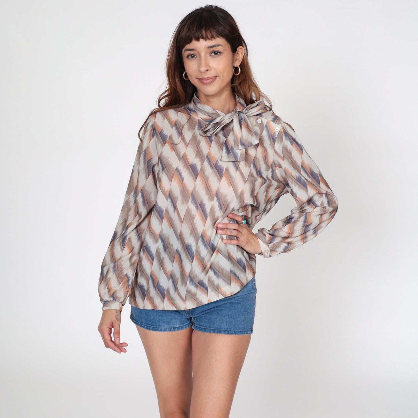 70s Checkered Ascot Blouse Taupe Orange Blue Long Sleeve Neck Tie Top Large L