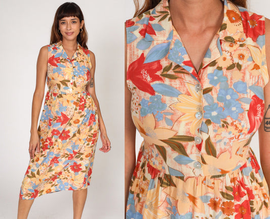90s Floral Button-Up Midi Dress Sleeveless High Waist Red Yellow Blue Small