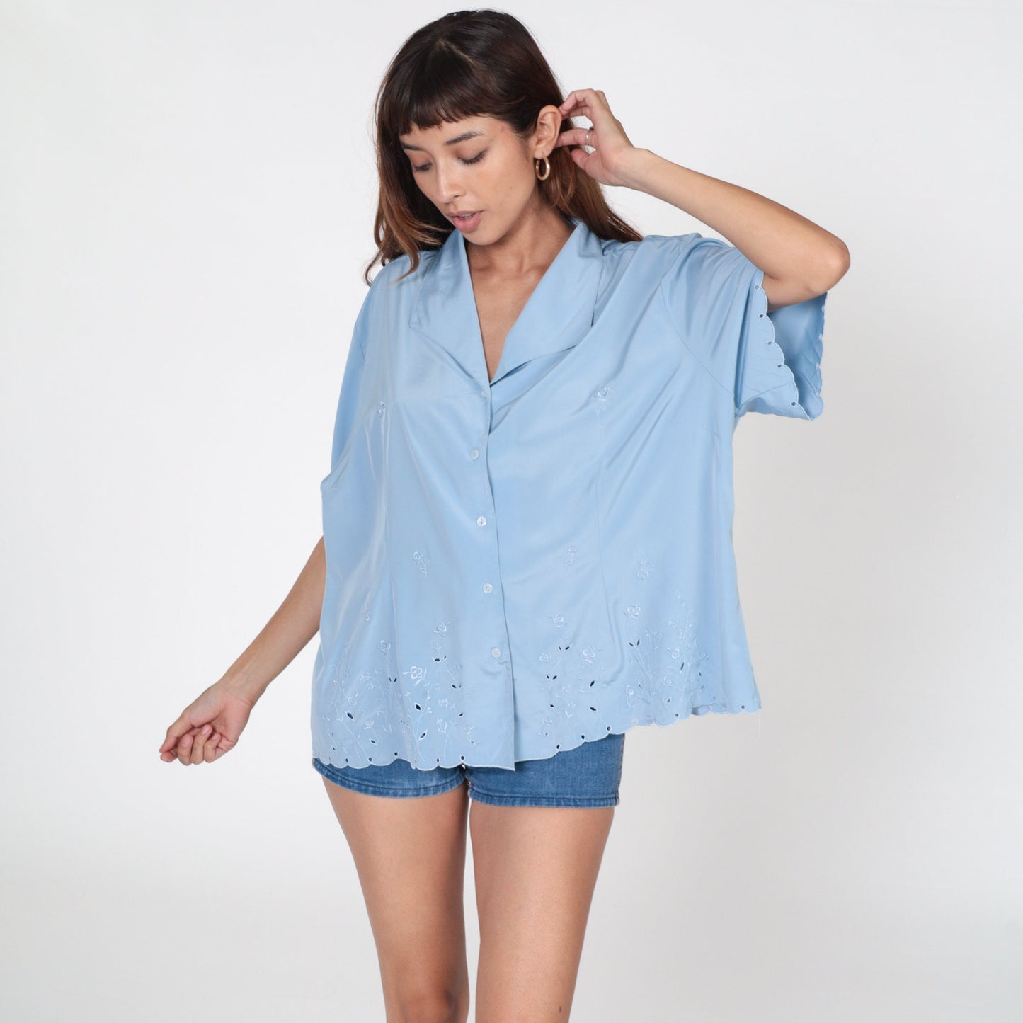 80s Baby Blue Floral Embroidered Blouse Eyelet Cutout Button Up Short Sleeve Extra Extra Large XXL