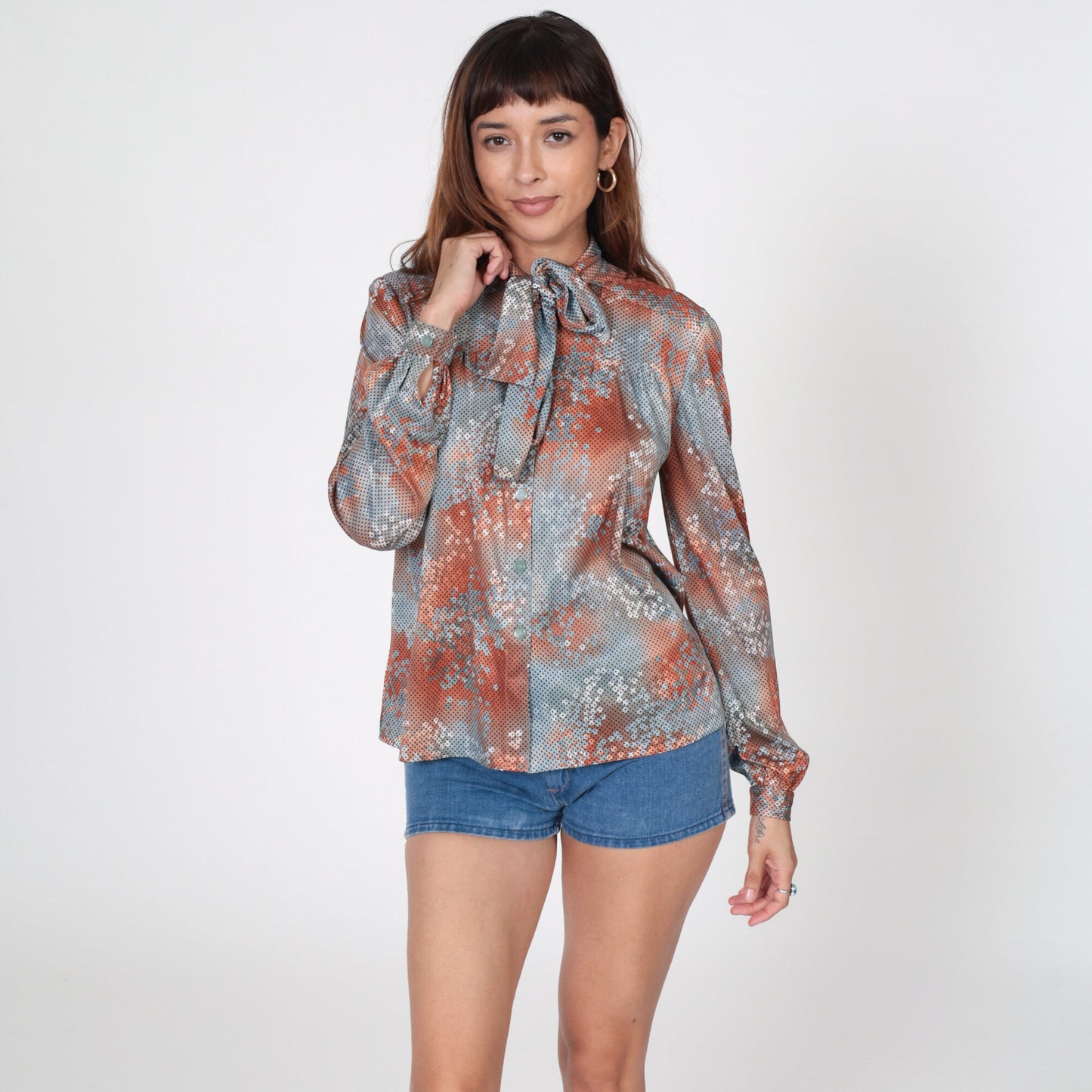70s Ascot Bow Blouse Polka Dot Abstract Print Burnt Orange Blue Medium