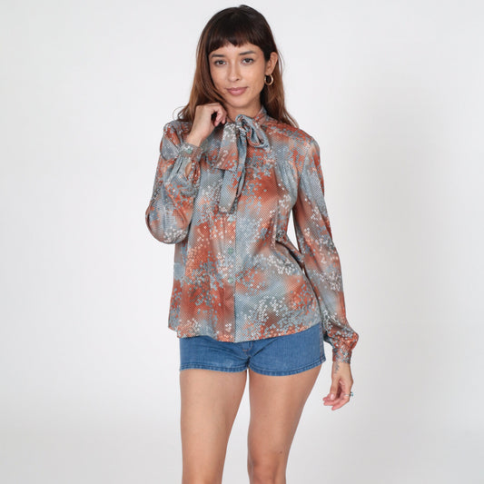 70s Ascot Bow Blouse Polka Dot Abstract Print Burnt Orange Blue Medium