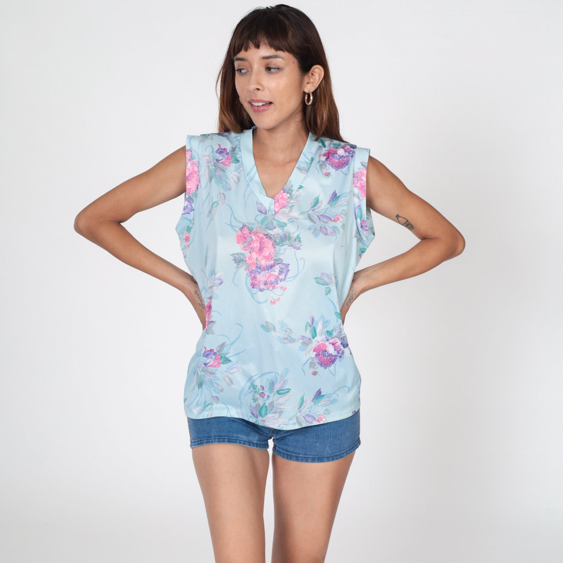 70s Floral Tank Top V-Neck Polyester Blouse Baby Blue Large L