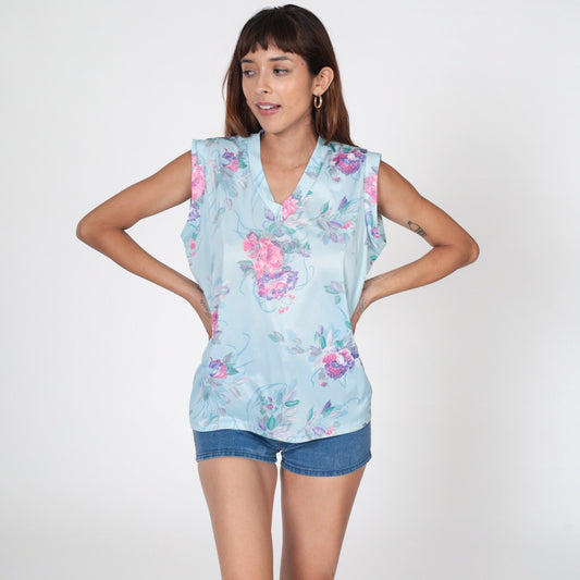 70s Floral Tank Top V-Neck Polyester Blouse Baby Blue Large L