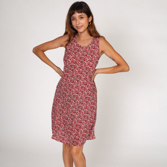90s Hawaiian Floral Red Hibiscus Shift Dress Sleeveless Knee-Length Small