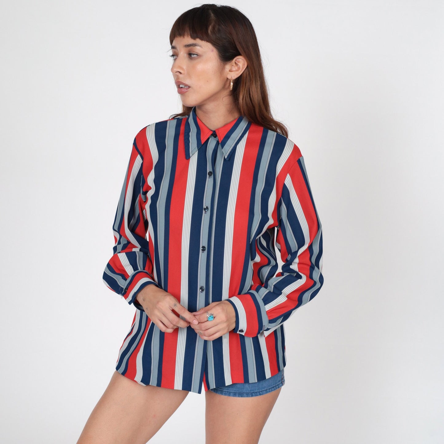 70s Striped Button Up Blouse Red White Blue Pointed Collar Long Sleeve Large